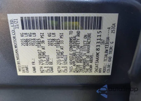 2021 Nissan Rogue S Fwd z USA, uszkodzony, nr VIN 5N1AT3AAXMC833115